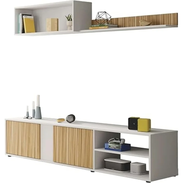 Habitdesign, Wohnzimmermöbel Set, Moderne Wohnwand mit TV-Schrank, Flexibler Montage rechts oder Links, in Artik weiß und Naturholz-Optik, Maße: 180 x 40 x 33 cm (B x H x T), Modell Ecco – Bild 1