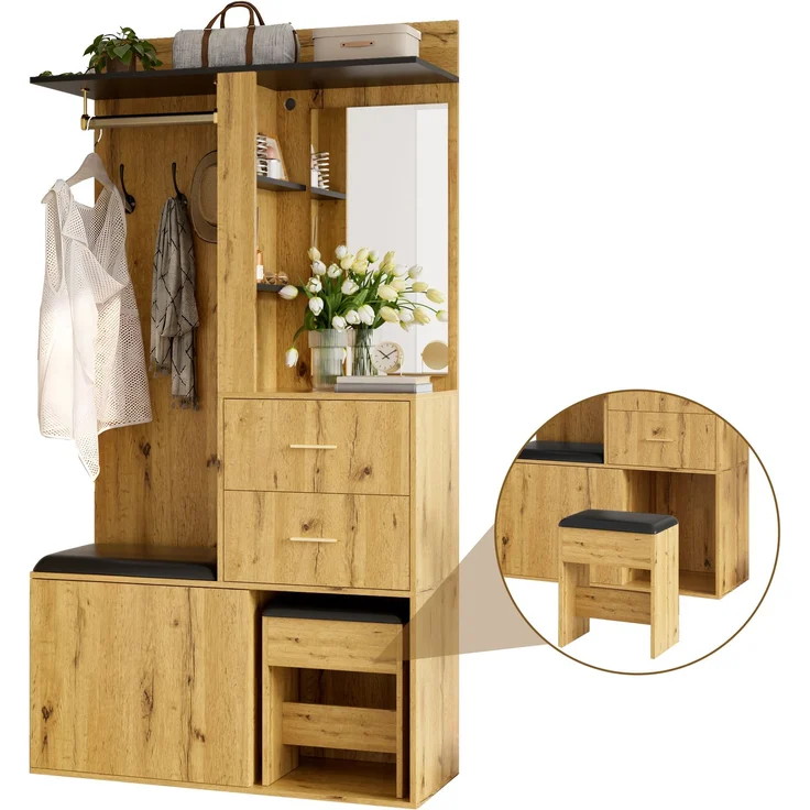 Garderobenschrank 100x40x172,5 cm mit Sitzbank, Schuhfach, Spiegel und App-LED – Bild 7