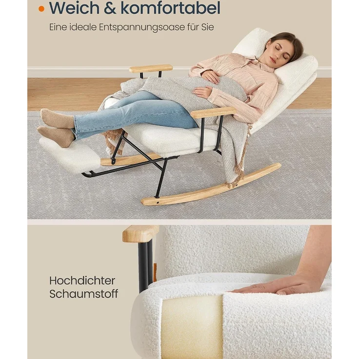SONGMICS HOME Schaukelsessel, mit Massivholzfüßen, Schaumstoffpolsterung, Fleece, Kautschukholz, Stahl, Cremeweiß, 97 x 67 x 100 cm – Bild 7