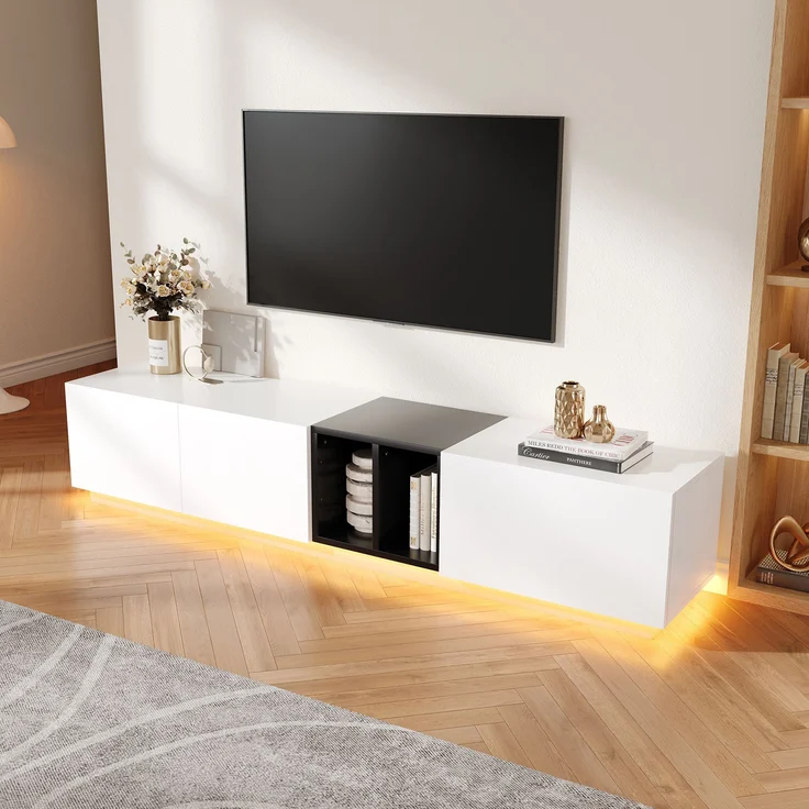 Moderner TV-Schrank weiß/schwarz, 190x40x35 cm, mit Schubladen & Regalen – Bild 2