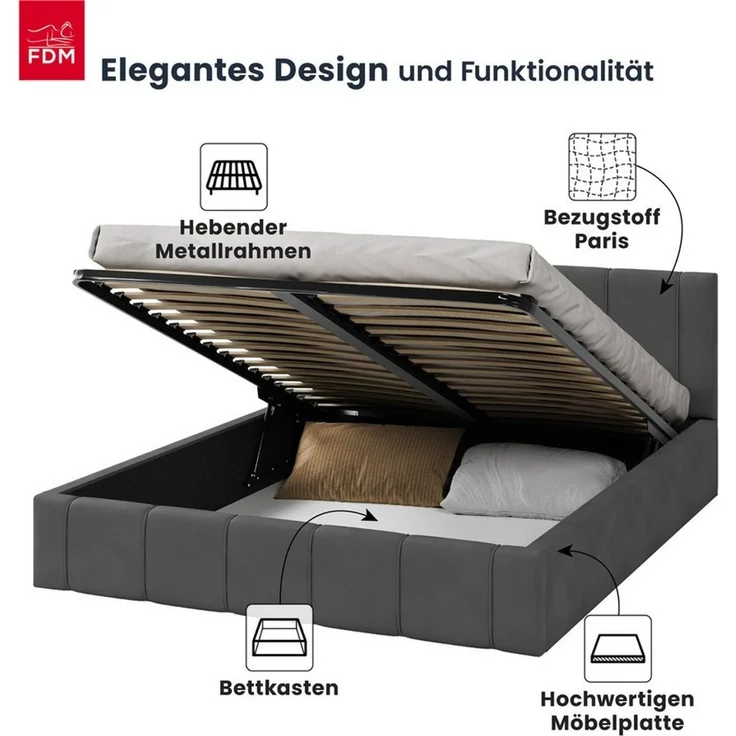 FDM Polsterbett FLORIDA Paris Bettgestell 90x200, 120x200, 140x200, 160x200, 180x200 cm (verfügbar 90x200 120x200 140x200 160x200 180x200 cm, Bettrahmen, Bett, mit großen gepolsterten Kopfteil, mit Bettkasten zum aufklappen), Hebbarer Metallrahmen, Bettk... – Bild 3