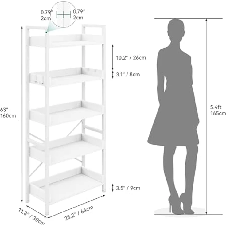 YITAHOME Offenes Bücherregal mit 5 Ebenen, schmal und hoch aus Metall mit 4 Haken, industrielles Lagerregal für Wohnzimmer, Home Office, Reinweiß – Bild 3