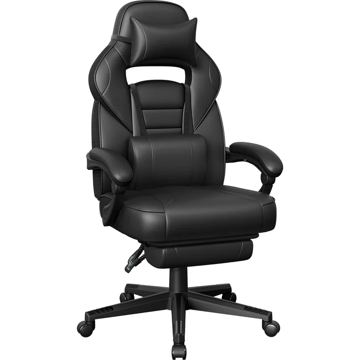 Songmics Bürostuhl, Schreibtischstuhl, ausziehbare Fußstütze, Kopfkissen, Lendenkissen, höhenverstellbar, ergonomisch, neigbare Rückenlehne, bis 150 kg belastbar, tintenschwarz OBG073B05 – Bild 1