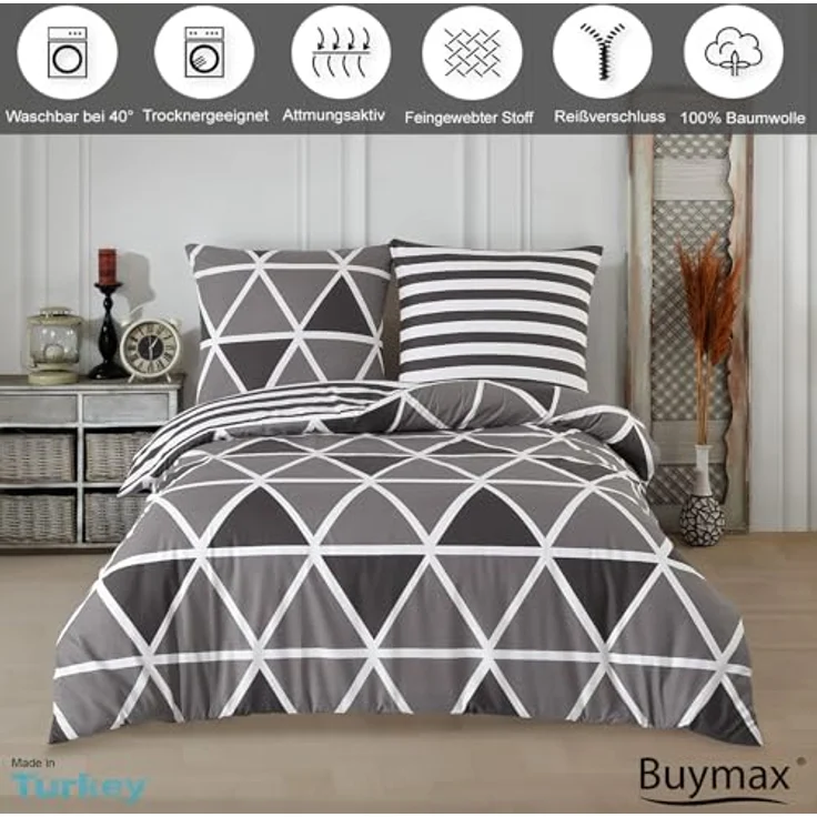 Buymax Bettwäsche Memento, Bettgarnitur, Bettbezug Set, Renforce: 100% Baumwolle, 4 teilig, mit Reißverschluss, modern, Karo, Streifen, Grau, Weiß, 135x200 cm – Bild 3