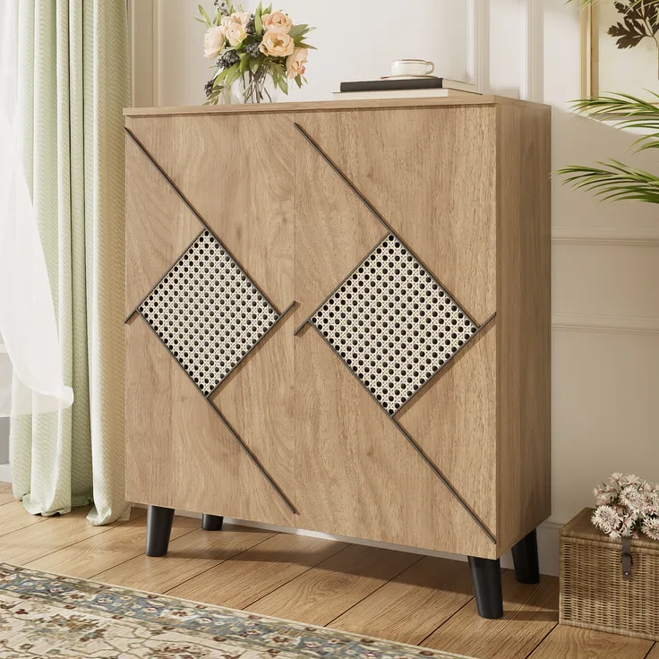 Merax Schuhschrank mit dekorativem Rattanmuster, 80×32×91 cm, stilvoller Flurschrank mit Stauraum, Holzoptik