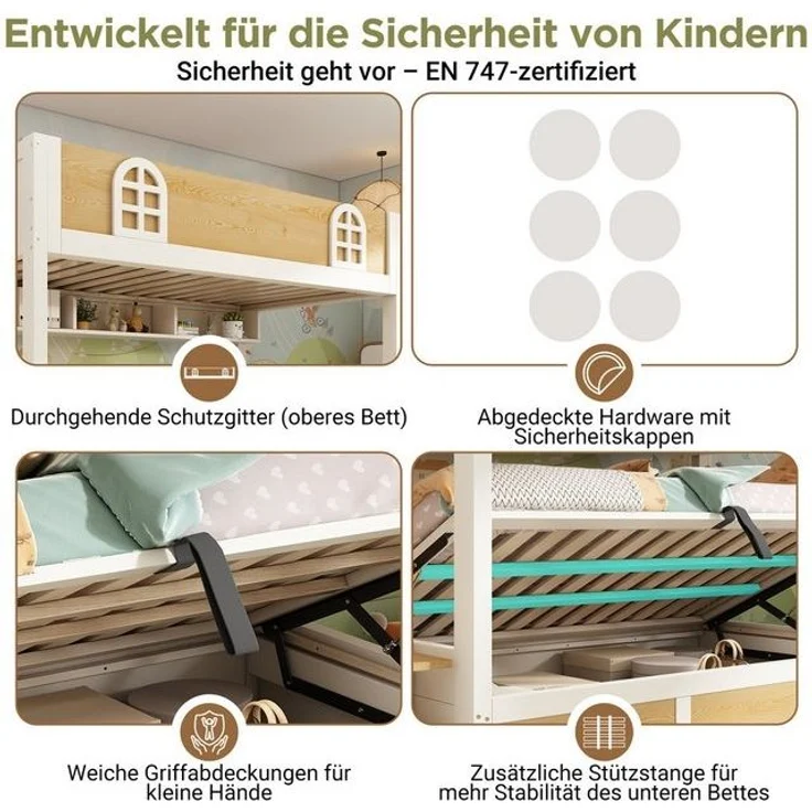 MODFU Hochbett Sicheres Etagenbett mit Rausfallschutz & Treppenschrank (1-St, Aus robustem Holz für ein stabiles und langlebiges Kinderzimmer) Zwei Einzelbetten à 90x200 cm, inkl. Lattenroste(ohne Matratze) – Bild 4