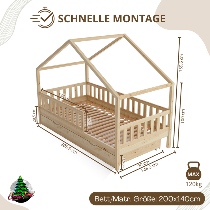 Crazy Pine 'Crazy House' Hausbett mit abnehmbaren Rausfallschutz, Naturholz, Natur, 140x200 cm, mit Ausziehbett – Bild 2