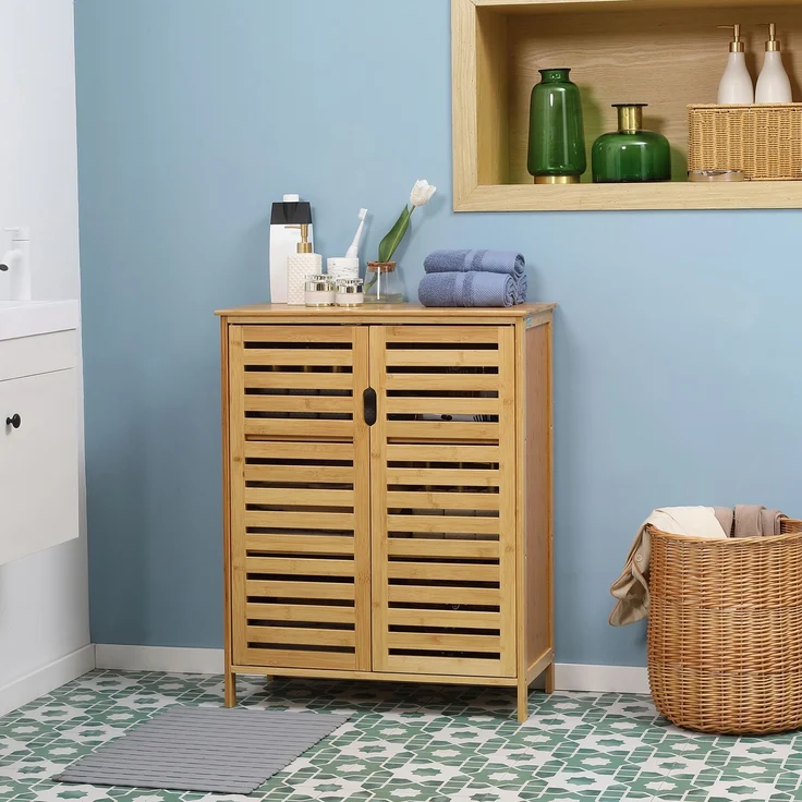 Badezimmerschrank, Bambusschrank mit Lamellendesign für Badezimmer, Flur, kompakte Größe, viel Stauraum, Naturholz--Naturholz--68x32x86cm--YOUDENOVA – Bild 4