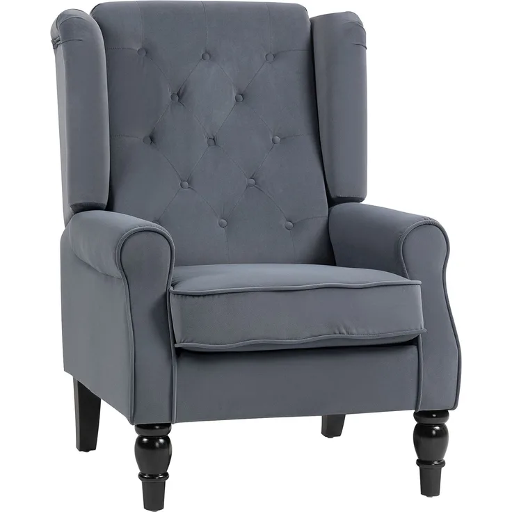 Wohnora-Ohrensessel Relaxsessel Sessel, Vintage-Design, Knopfheftung, gedrechselte Beine, 74 cm x 86 cm x 102 cm, Grau,H 102cm x T 86cm x B 74cm