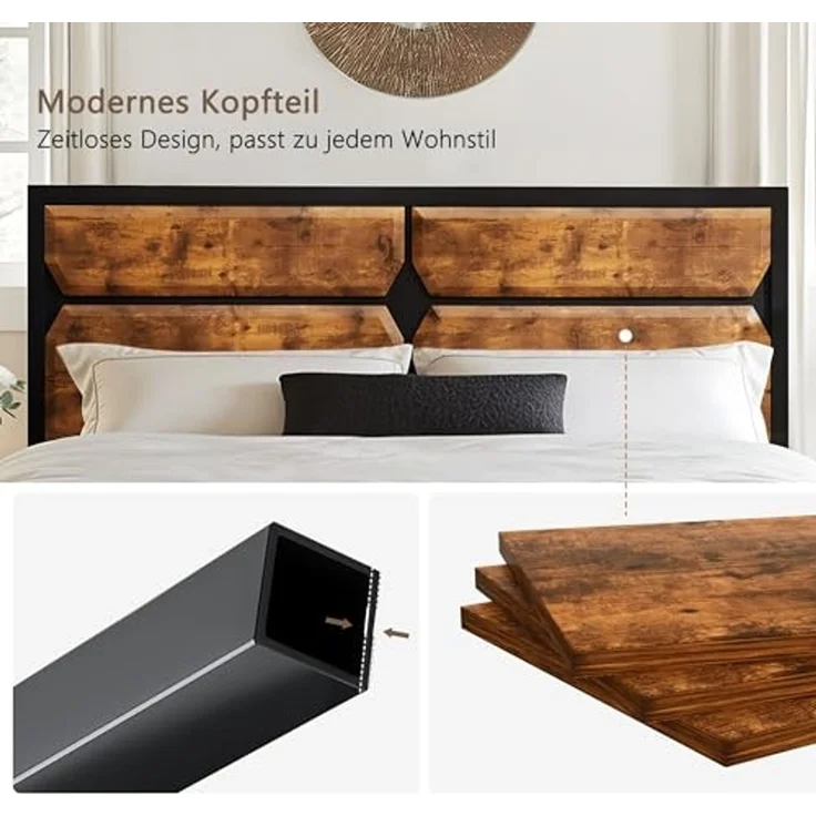 VECELO Bettgestell 140x200 cm, Metallbett mit Dick Holzkopfteil und Lattenrost, Doppelbett mit Stauraum unter dem Bett, perfekt für Schlafzimmer,Vintage Braun – Bild 4