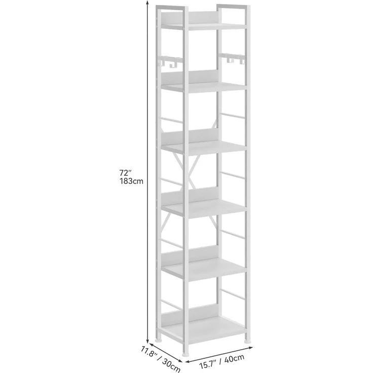 YITAHOME Bücherregal mit 6 Ebenen, Industrielles Standregal, Metallrahmen und Holzregale, Hohes Lagerregal mit 4 Haken, Präsentationsorganizer, für Wohnzimmer, Heimbüro, Weiß Regal – Bild 2