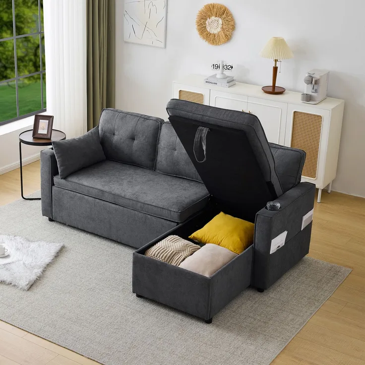 Wohnora-Schlafsofa mit Schlaffunktion, L-förmiges Sofa, modernes Design, Polstermöbel, Sofa, Loungesessel mit Stauraum, mit Getränkehalter, Wohnzimmer-Schlafsofa, links und rechts austauschbar,H 86cm x T 211cm x B 1295cm,Grau