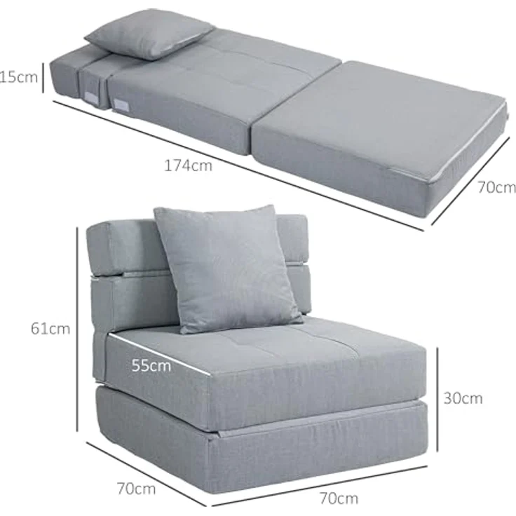 HOMCOM Sessel Einzelsofa mit Kissen, Klappsessel, 2-in-1 Design (Schlafsessel, 1-St, Bettsessel), bis 120 kg Belastbar, Blau – Bild 4