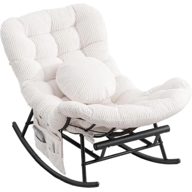 LVHOM Schaukelstuhl mit ausziehbarer Fußstütze, Rattanstuhl mit Stahlrahmen, Schaukelsessel mit gepolstertem Kissen und Seitentasche, Lounge Sessel, 1 St, Beige – Bild 1