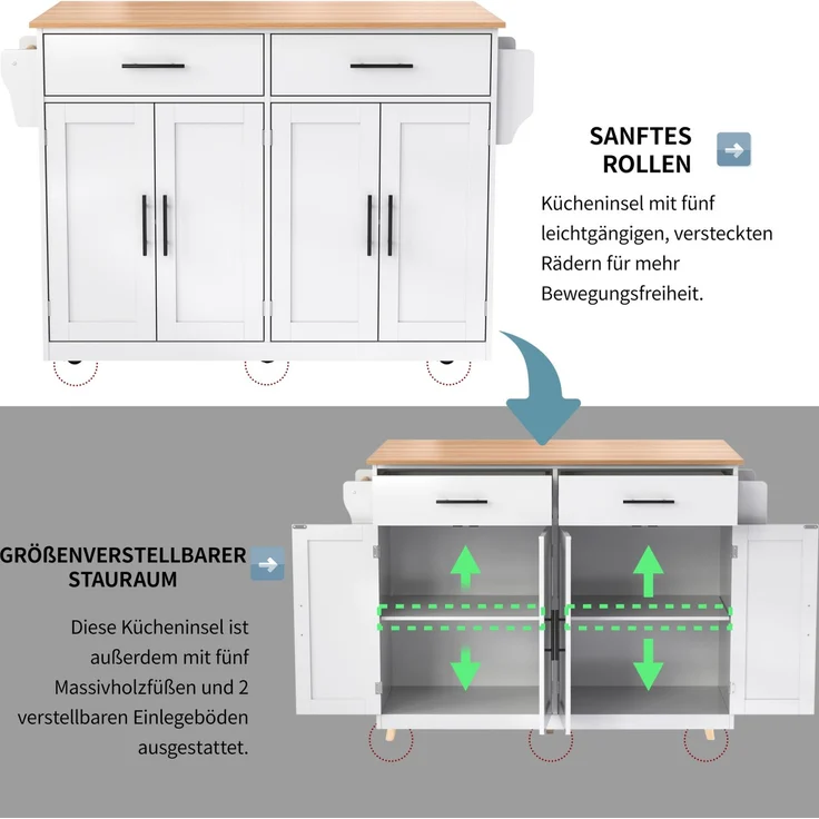 Servierwagen mit klappbarer Tischplatte, 120x46/70x91,5 cm, Weiß/Natur, mit Rollen & Stauraum – Bild 2