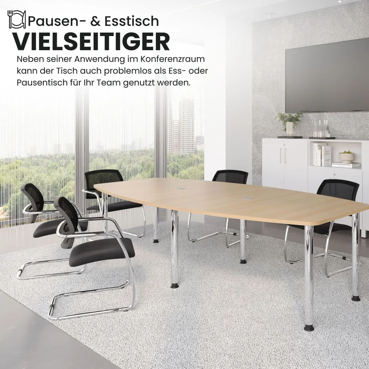 bümö Konferenztisch oval 220x103 cm großer Besprechungstisch in Asteiche, Besprechungstisch mit Chromsäulen, Meetingtisch für 8 Personen, XXL-Tisch für Besprechungsraum & Meeting, KT22S-R-C – Bild 4