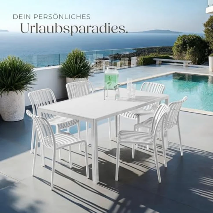 tectake Gartenstuhl Balkonstuhl, stapelbar, 47 x 58 x 80,5 cm, Belastbarkeit 110 kg (Terrassenstuhl Alcudia für Außen in Creme, 6 St), wetterfest und UV-beständig, pflegeleicht, rutschfeste Gummischoner – Bild 3