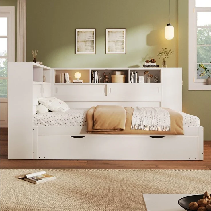 SOFTWEARY Massivholzbett mit Gästebett und Regal (90x200 cm), Einzelbett, Jugendbett mit Lattenrost, Kiefer – Bild 4