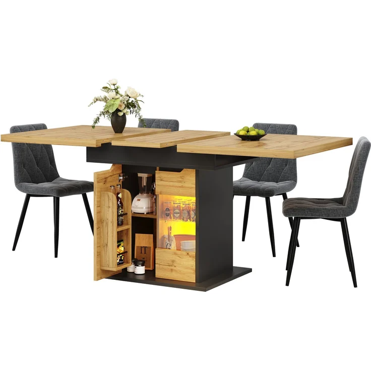 Esstisch Teleskoptisch(110-140×80cm), klappbarer Küchentisch für 4-6 Personen, Ausziehbarer Esstisch ,platzsparender Küchentisch, Tisch mit LED-Beleuchtung und Snackablage Schranktüren – Bild 4