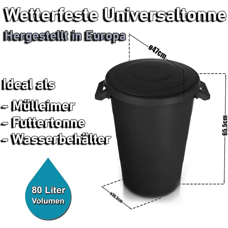 BigDean wetterfeste Universaltonne mit Deckel und 2 stabilen Tragegriffen 80 Liter SCHWARZ - Regentonne Mülleimer - Indoor und Outdoor geeignet - Made in Europe – Bild 5