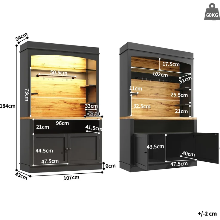 Küchenschrank, hoher Küchenschrank (107x43x184 cm), Vitrine, Anrichte, Anrichte mit LED-Beleuchtung, offenes Regal, schwarz--Schwarz--107x43x184cm--YOUDENOVA – Bild 4