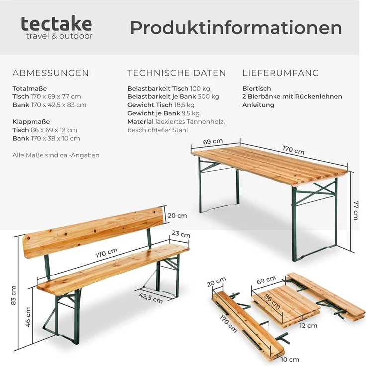 tectake® Bierzeltgarnitur mit Lehne, Biertisch Klapptisch mit 2X Sitzbank mit Lehne, Gartenmöbel Set, Camping Zubehör, Klapptisch Esstisch, Camping Tisch faltbar, Balkontisch, Campingtisch klappbar – Bild 6