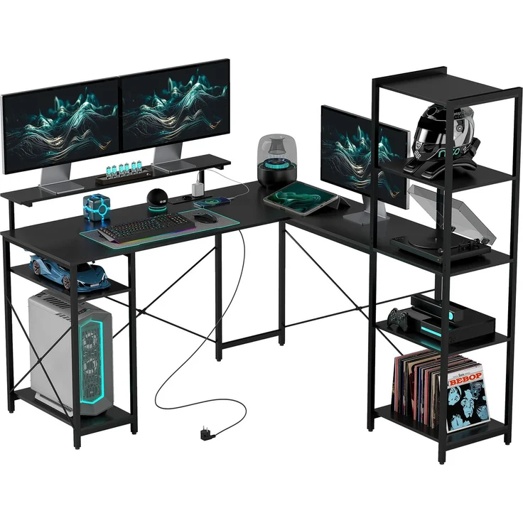MELAYR, L-förmiger Schreibtisch mit Ladestation, 137 x 140 x 139.5 cm, Schwarz – Bild 2