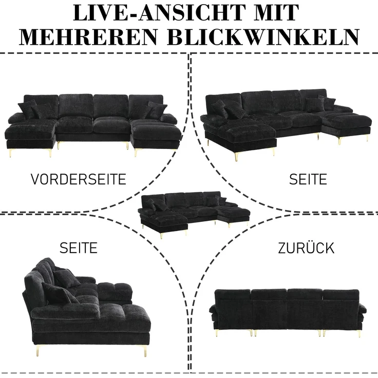 (Old SKU:W1880S00025)Modernes großes Chenille U-Shape Sektionssofa mit doppelten Liegesitzen für Wohnzimmer Schlafzimmer Büro Wohnung Villa Wohnzimmer Zuhause am Kamin--Schwarz--272x136x88cm--YOUDENOVA – Bild 7