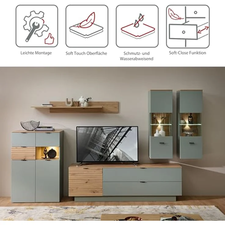Stella Trading INA Wohnwand Komplett-Set in Schilfgrün, Artisan Eiche Optik FSC-Zertifiziert - Moderne Schrankwand 6-teilig mit LED-Beleuchtung für Ihr Wohnzimmer - 340 x 200 x 44 cm (B/H/T) – Bild 3