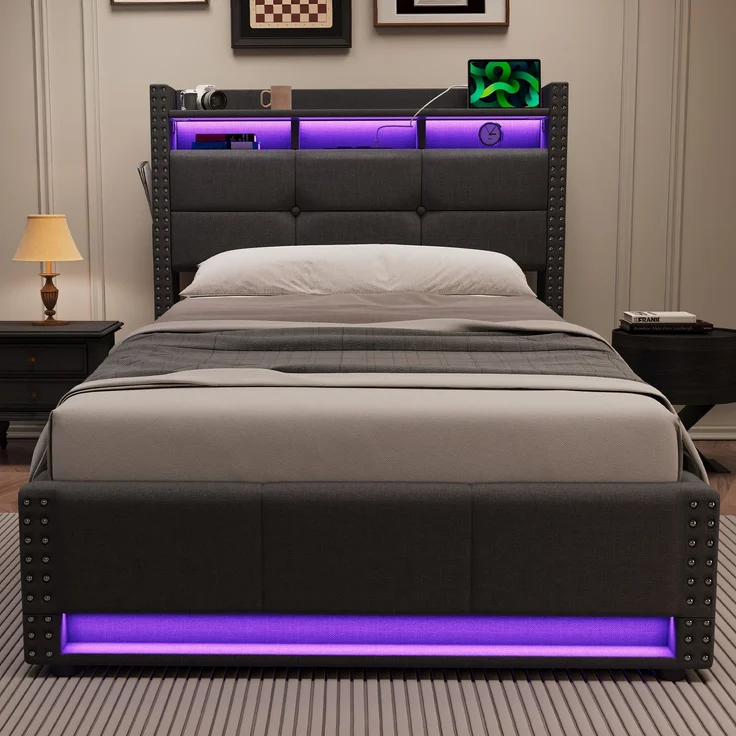 Einzelbett 90x200 cm mit LED-Beleuchtung, Ladefunktion und hydraulischem Stauraum – ohne Matratze – Bild 8