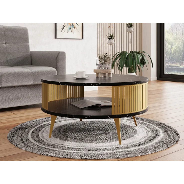 Couchtisch Rajkon Gold, Beine und Seiten aus Stahl (Farbe: Gold / Black Pietra Grigia)