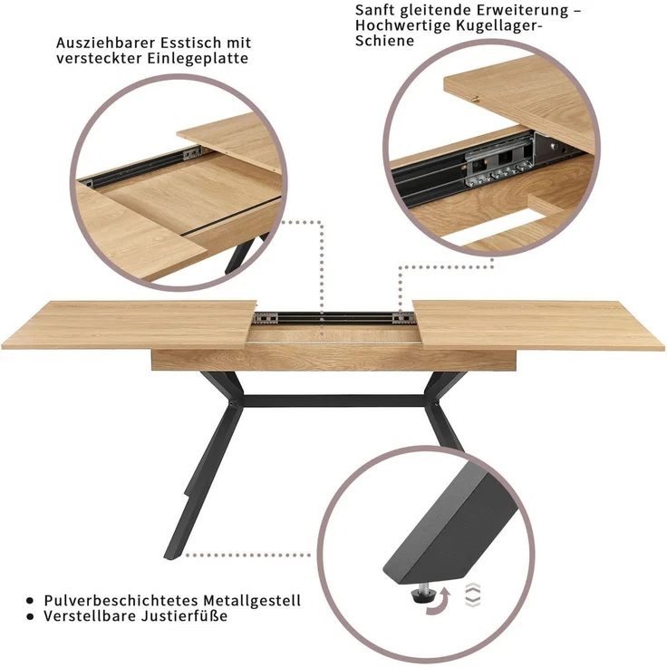 OTTO home Essgruppe Vendy, Esstisch ausziehbar plus 6 Freischwinger, (Set, 7-tlg, Esstisch ausziehbar 160 - 210 cm plus 6 Esszimmerstühle), pflegeleichte Strukturstoff-Stühle, 3D-Steppung, ausziehbarer Tisch – Bild 3