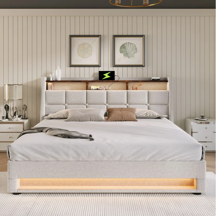 Polsterbett 180x200 cm mit USB, LED und Stauraum – Bettgestell aus Leinenstoff in Hellbeige – Bild 2