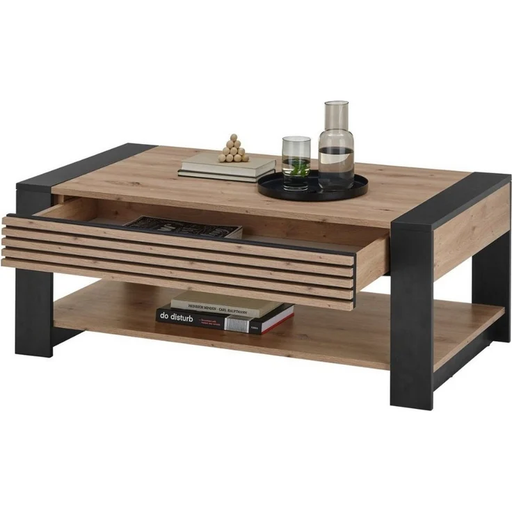 moebel-dich-auf Couchtisch LETIZIA (Artisan Eiche Dekor mit aufgesetzten Stäbchen, Absetzung schwarz Dekor, inkl. Schubkasten), MDF Front mit aufgesetzten Stäbchen – Bild 2