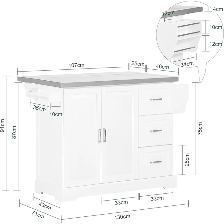 SoBuy FKW41-ST Kücheninsel, MDF, Hochglanz, Weiß, 130 x 91 x 71 cm – Bild 3