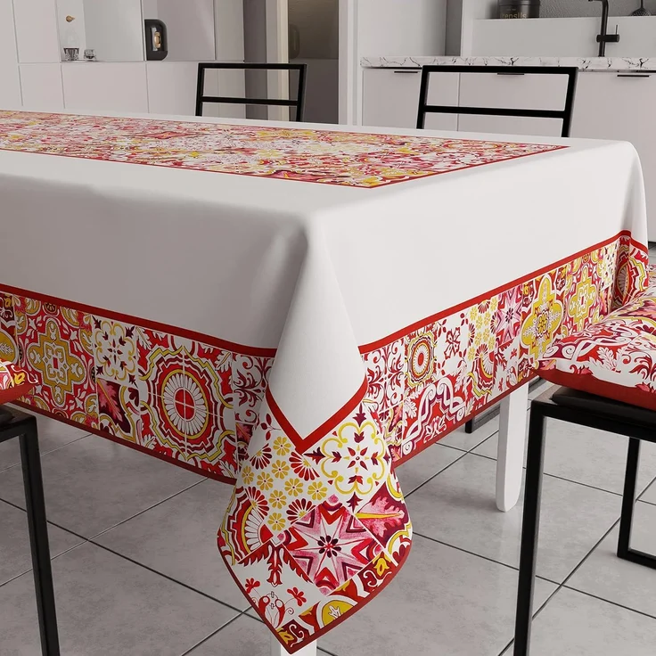 PETTI Artigiani Italiani - Fleckabweisende Tischdecke, rechteckig, für Küche, geometrisches Design, Vietri Rot, 18 Plätze (140x360 cm), 100% Made in Italy