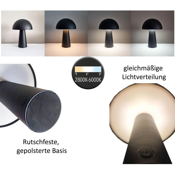 Coen Bakker Deco BV LED Außen-Tischleuchte Touch Tischlampe Pilzform Dimmbar Akku In-/Outdoor IP44, Touch-Funktion, LED fest verbaut, Kaltweiß, Warmweiß, Tageslichtweiß – Bild 4