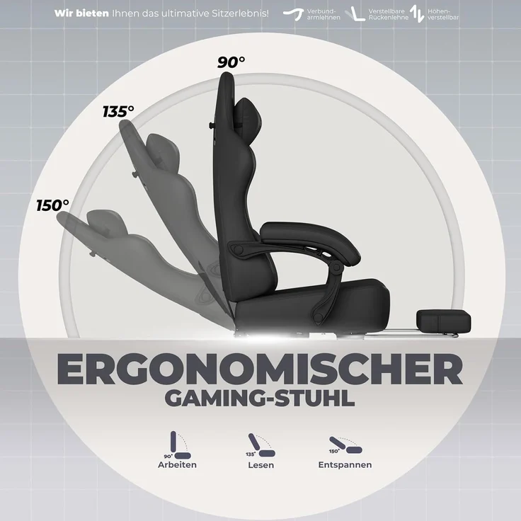 GTPLAYER Gaming-Stuhl Atmungsaktiver Bürostuhl, ergonomisch Hochwertiger - Stoff/Kunstleder, 160° Verstellbare Rückenlehne und ausziehbare Fußstütze – Bild 6