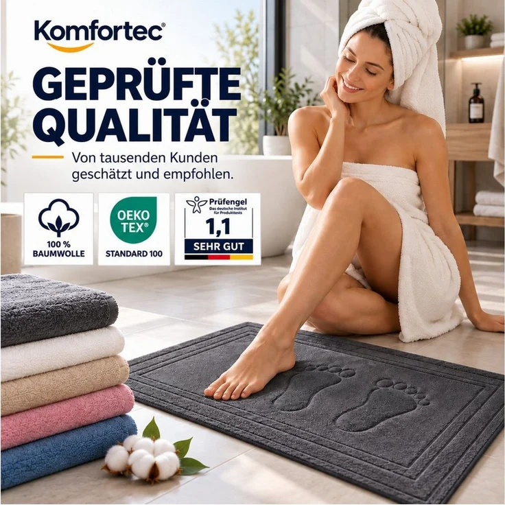Komfortec Badematte Badvorleger aus 100% Baumwolle, Rechteckig, 800 g/m² – Bild 3