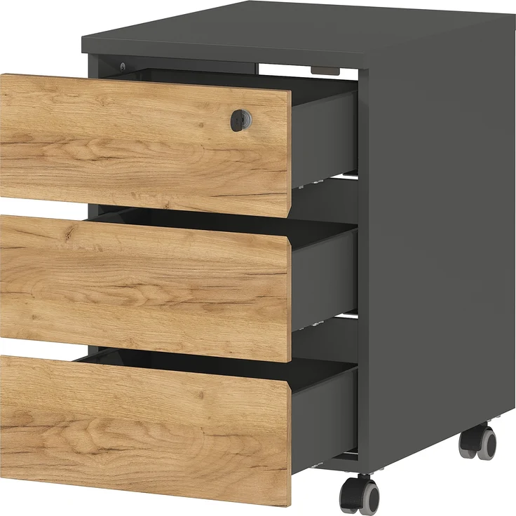 Germania Rollcontainer 4264-549 GW-Lissabon, in Graphit/Eiche, griffloses Design, 41 x 60 x 50 cm (BxHxT) – Bild 3