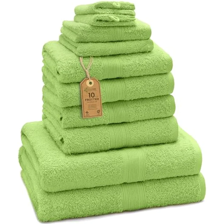 Green Mark Handtuch-Set mit 10 Teilen – 100% Baumwolle – 4 Handtücher 50×100 cm, 2 große Duschtücher 70×140 cm, 2 Gästetücher 30×50 cm und 2 Waschhandschuhe – Apfelgrün – Bild 2