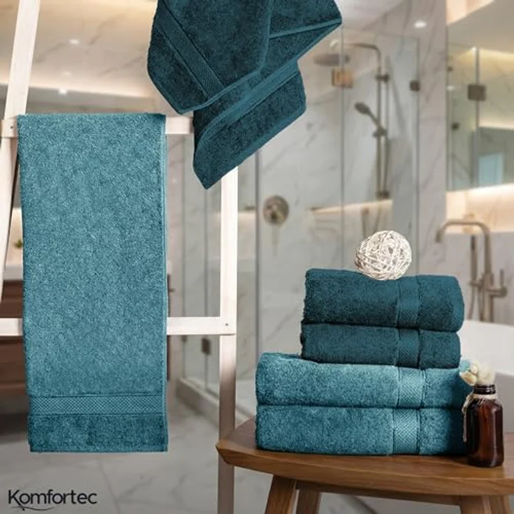 Komfortec 8er Handtuch Set aus 100% Baumwolle, 4 Badetücher 70x140 und 4 Handtücher 50x100 cm, Frottee, Weich,Groß, Türkis/Petrol – Bild 8