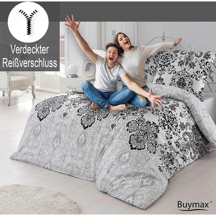 Buymax Bettwäsche Wendebettwäsche, Bettbezug-Set, Renforcé 100% Baumwolle, 3 teilig, 200x200 cm, elegant, mit Reißverschluss, Barock, Weiß, Grau – Bild 4