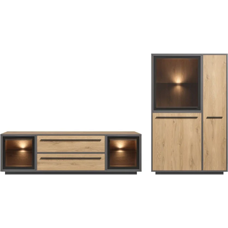 moebel-dich-auf Wohnwand NARDO, (Wildeiche / Absetzung: Anthrazit, Verschiedene Board-Sets), Braunglas, Softclose, inkl. LED-Beleuchtung – Bild 5