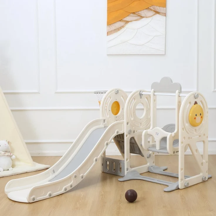 Baby Vivo Kinderrutsche / Rutsche mit Basketballkorb - Quacki in Weiß / Beige – Bild 1