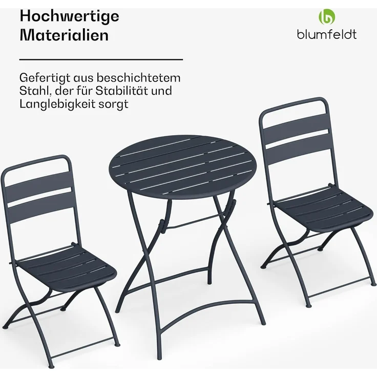 Blumfeldt Bistrotisch Mit Stühlen – 60 cm Rund Klappbar, Wetterfester Stahl, Outdoor-Set, Platzsparend, Ideal Für Garten, Balkon, Terrasse, Modernes Design, 2 Stühle Inklusive – Bild 4