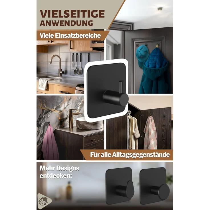 Lindenstein Selbstklebende Handtuchhaken 6er-Set Schwarz – Edelstahl 304, bis 10 kg – Bild 6