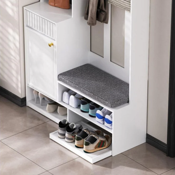 BBWL Garderobenschrank Garderobenset mit Sitzbank und Stauraum – Flurgarderobe mit 4 Haken Türen, Schubladen & Lochwand, MDF, 100x180x35 cm – Bild 4
