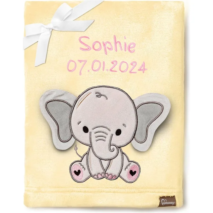 Be Mammy Personalisierte Babydecke mit 3D Applikation Warme Kuscheldecke mit Namen und Geburtsdatum; Perfektes Baby Geschenk; Blanket; Krabbeldecke BE20-280 (Gelb - Elefant)
