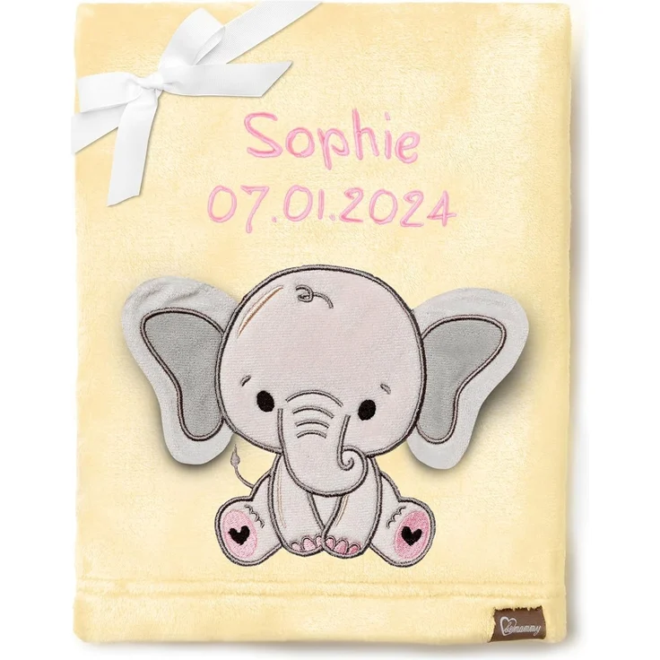 Be Mammy Personalisierte Babydecke mit 3D Applikation Warme Kuscheldecke mit Namen und Geburtsdatum; Perfektes Baby Geschenk; Blanket; Krabbeldecke BE20-280 (Gelb - Elefant)